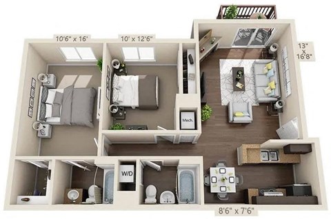 Floor plan for 2 beds, 2 baths, 910 sqft